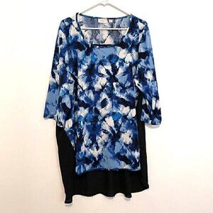 AVENUE Plus Size Blue Tie Dye / Solid Black Mixed Media 3/4 Sleeve Tunic Blouse